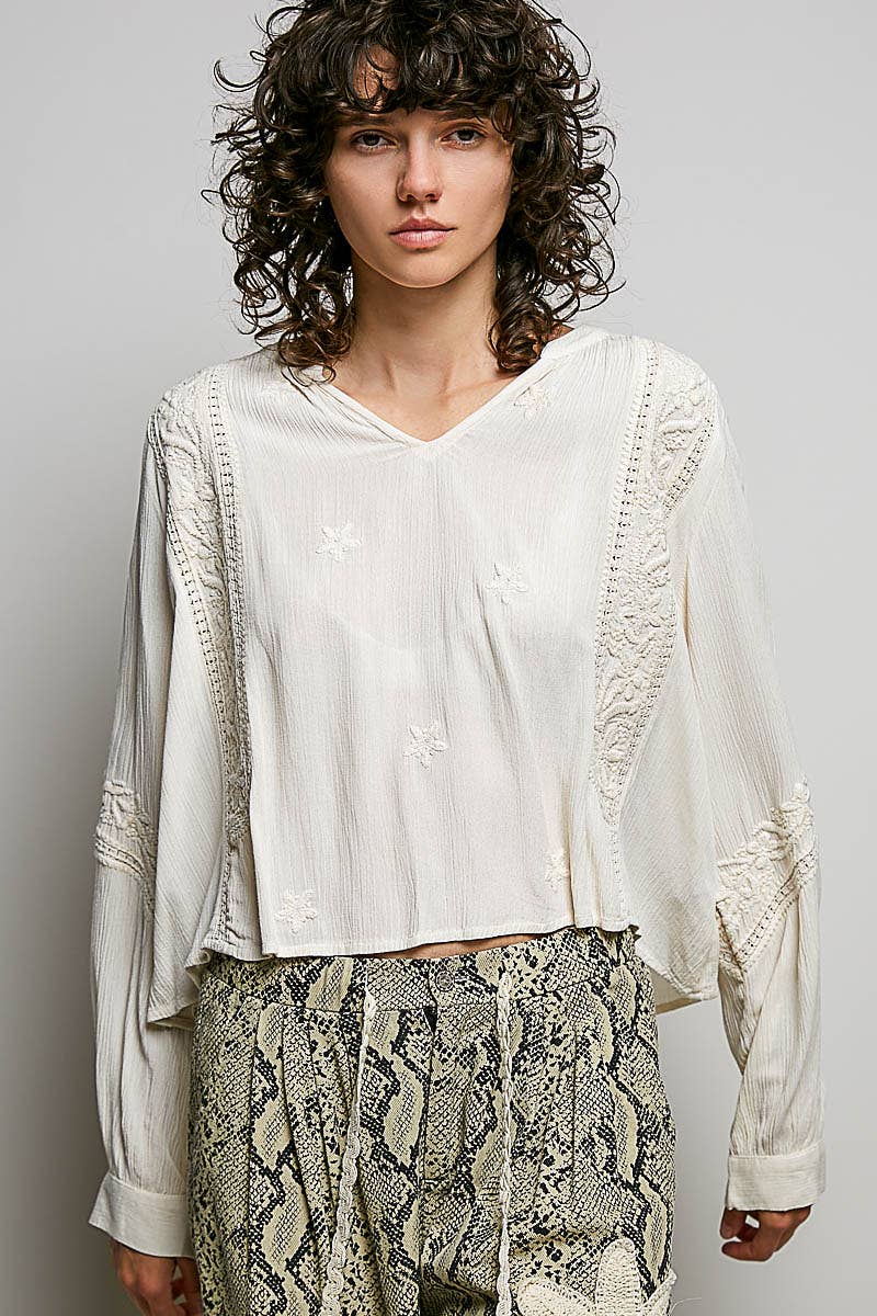 Vanessa V-neck Long Sleeve Floral Embroidered Cotton Woven Top