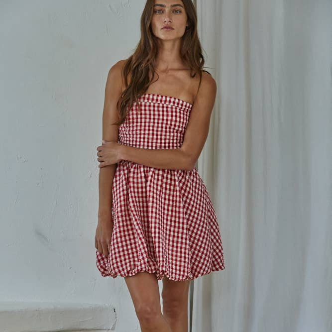Gingham Smocking Tube Mini Dress