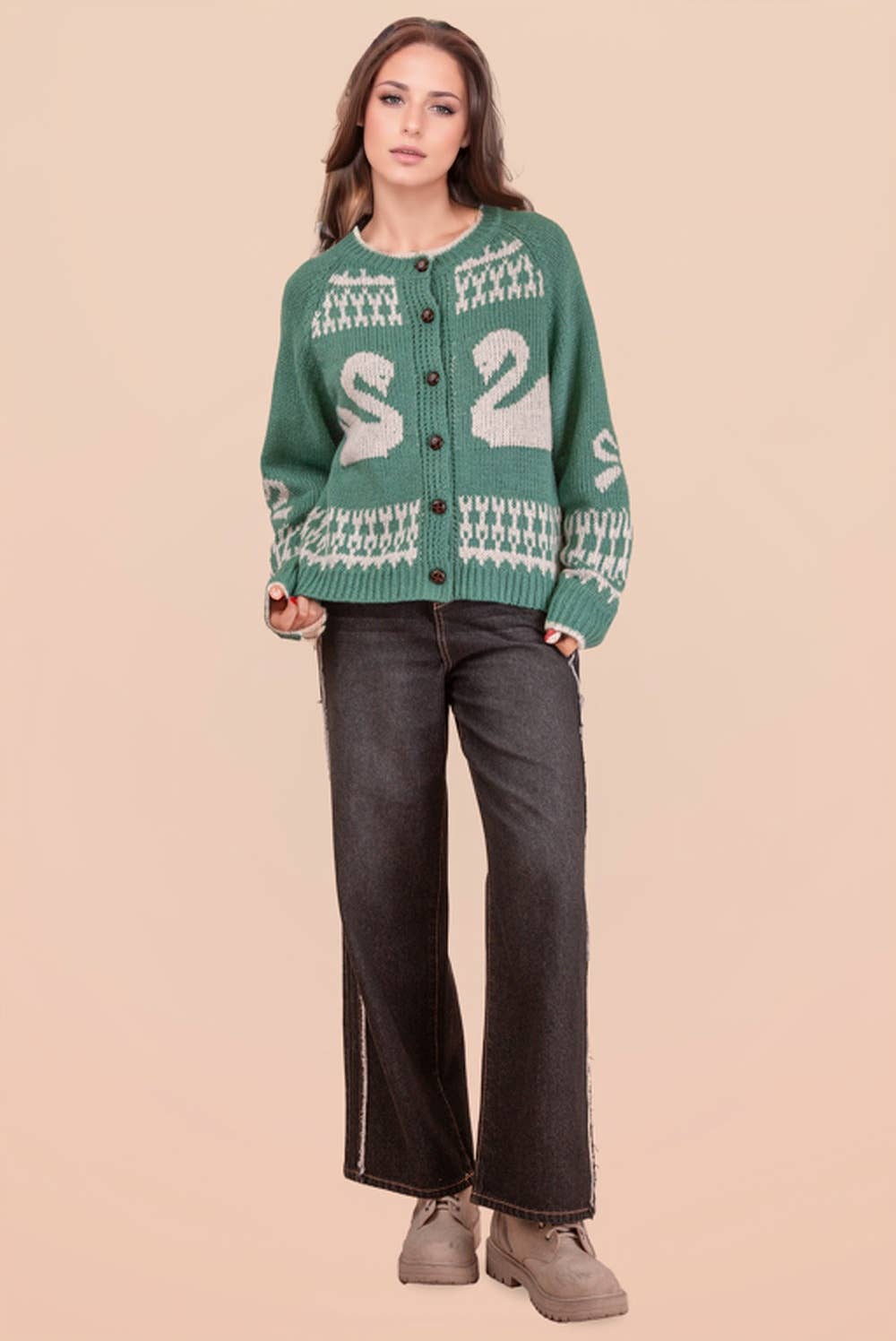 12W3463N-Oversized Graphic Casual Knit Sweater Cardigan