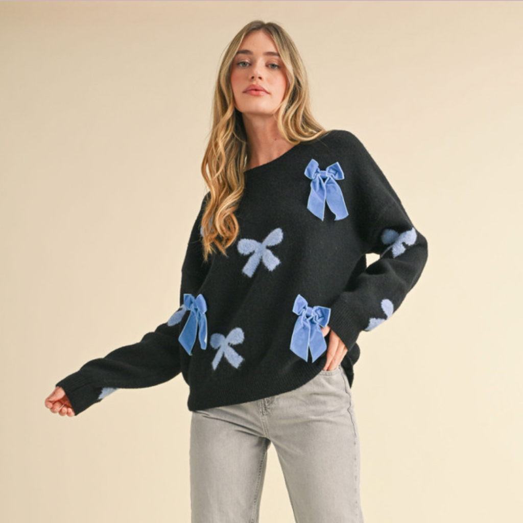 Navy Velvet Bow Sweater