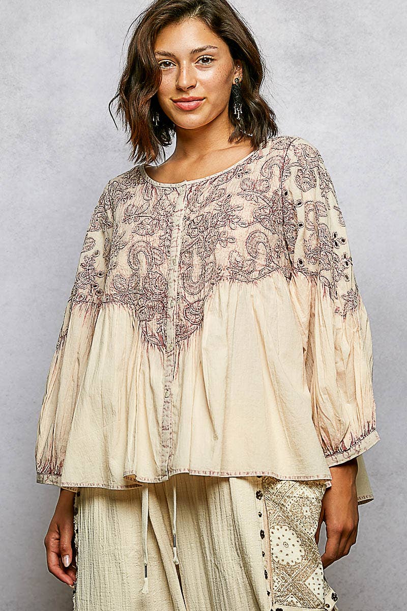 3/4 Sleeve Round Neck Vintage Washing Embroidered Shirt Top