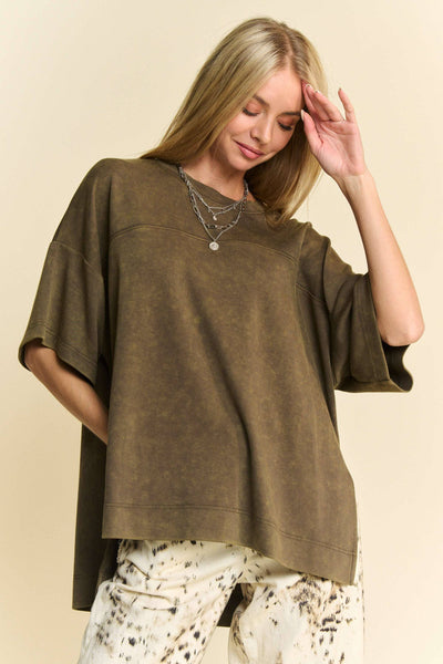 WASHED CREW NECK DROPPED DOLMAN SLEEVES TOP