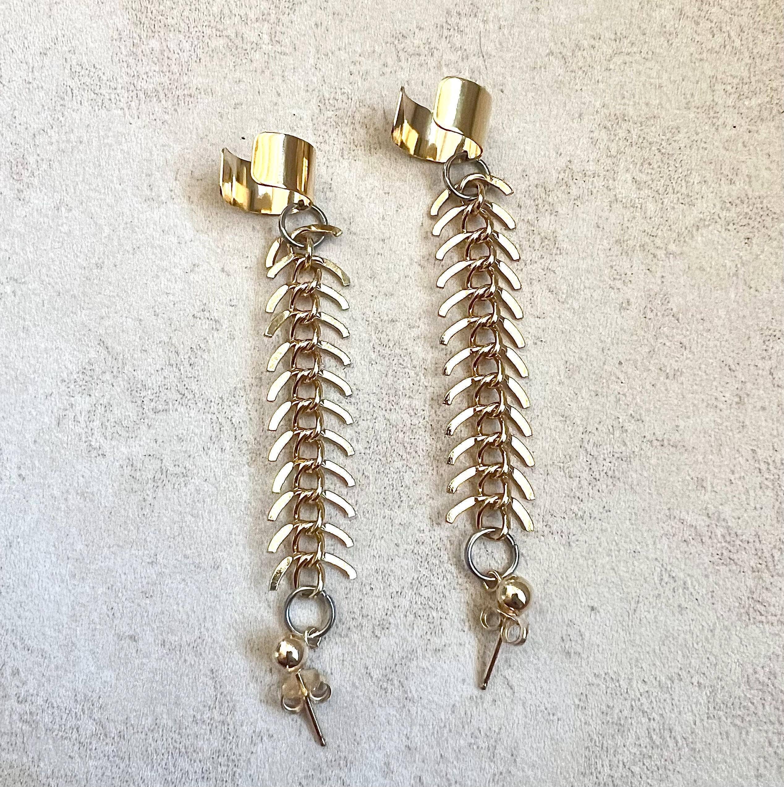 Gold Fishbone Chain Ear Cuff: 14K Gold Filled Ball Post