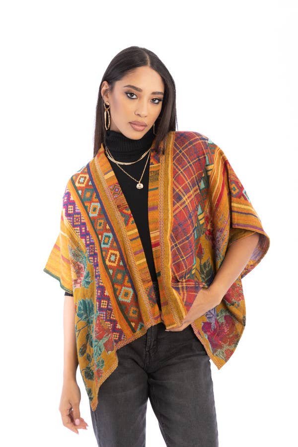 Thalia Floral Geometric Short Open Poncho