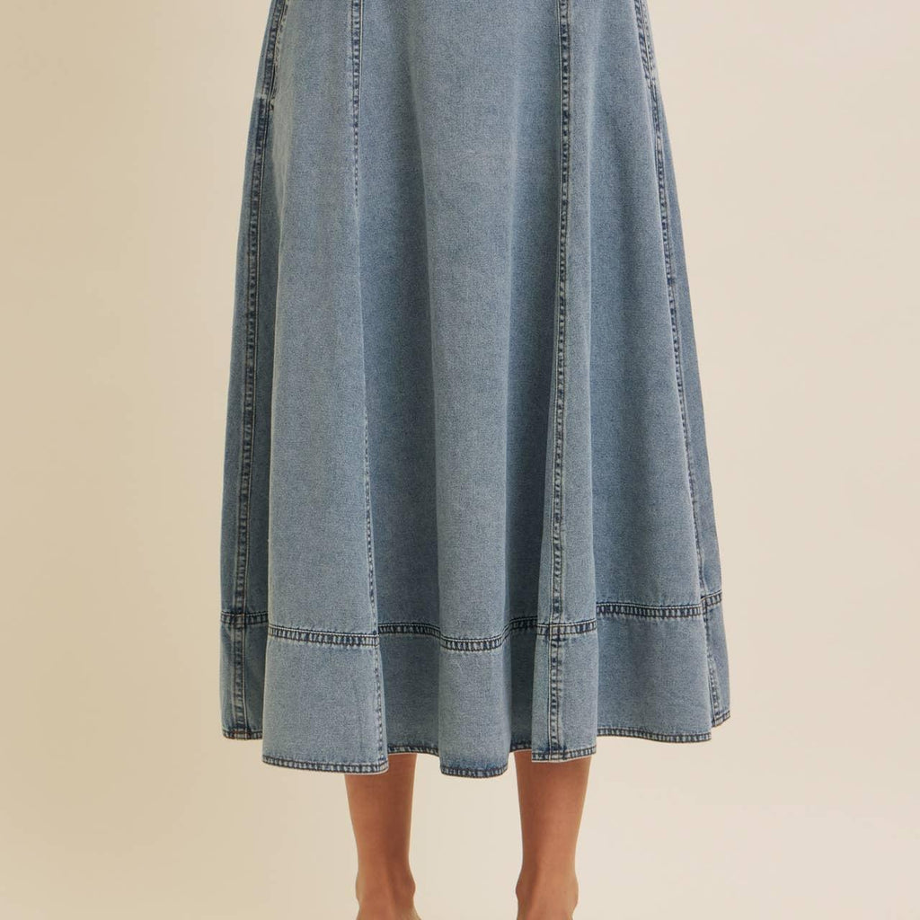 FLARE DENIM MIDI SKIRT WITH POCKETS