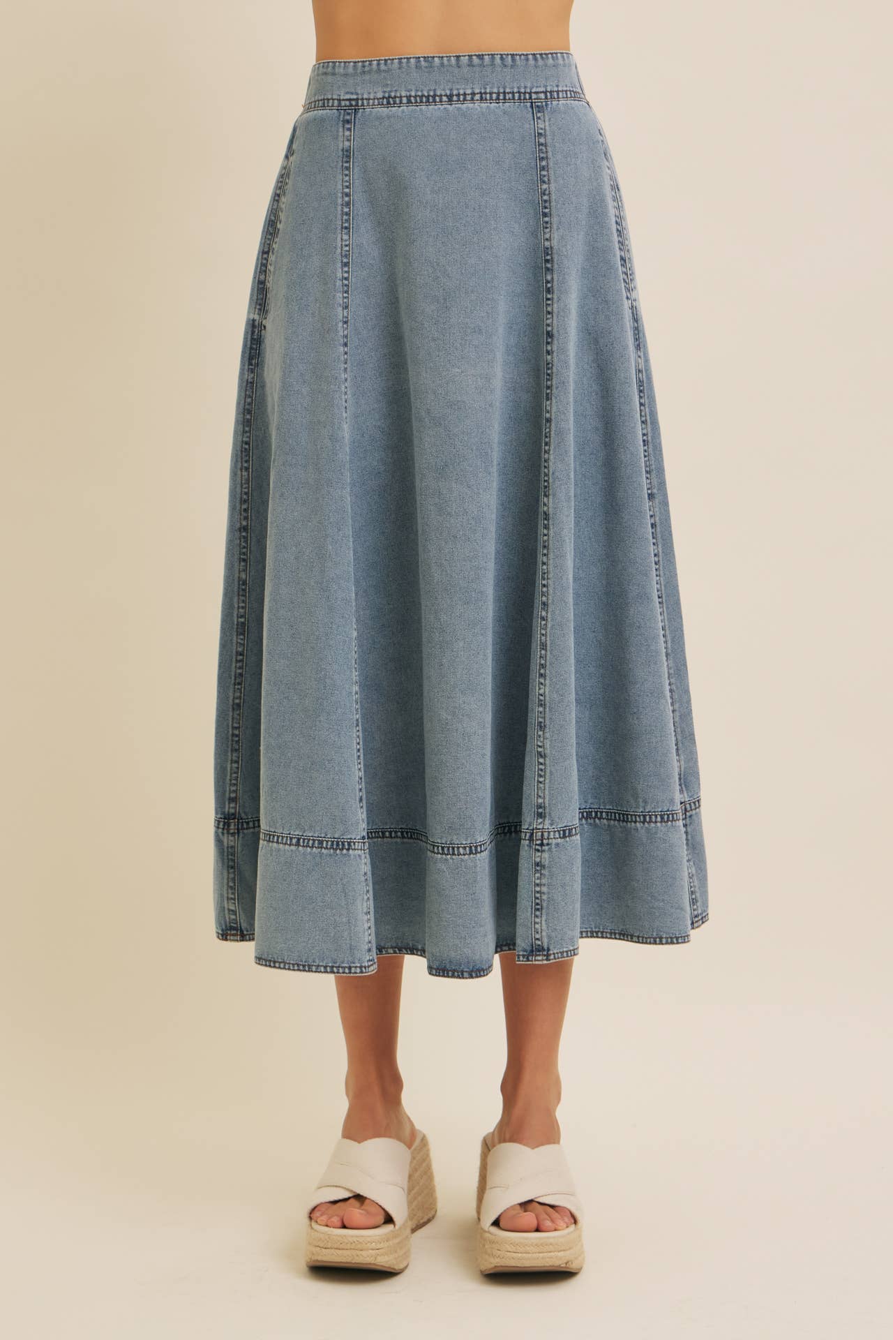 FLARE DENIM MIDI SKIRT WITH POCKETS