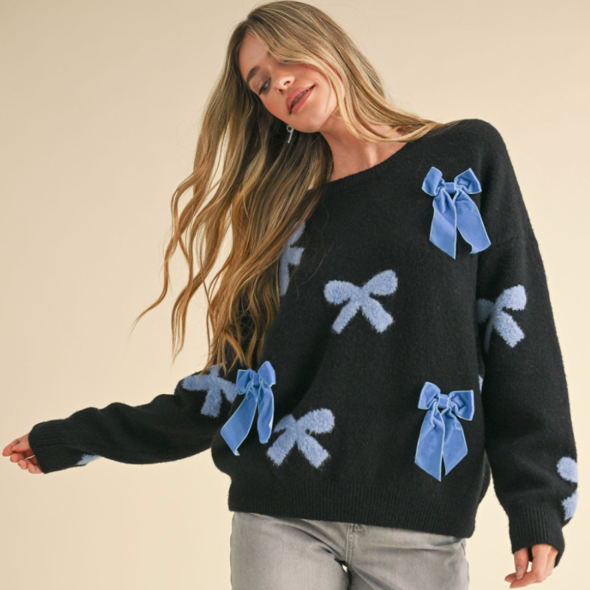 Navy Velvet Bow Sweater