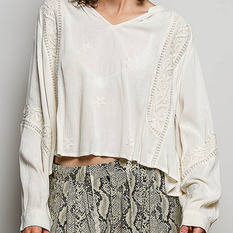 Vanessa V-neck Long Sleeve Floral Embroidered Cotton Woven Top