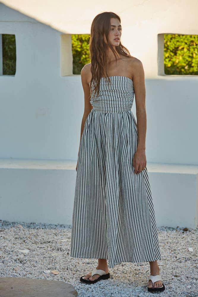 Striped Tube Neck Strapless Flare Maxi Dress