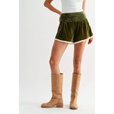 VELVET HIGH-WAIST LACE TRIM SHORTS