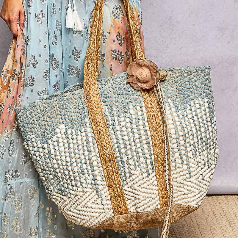 Denim Crochet Woven Tote Bag Boho Dotted Texture