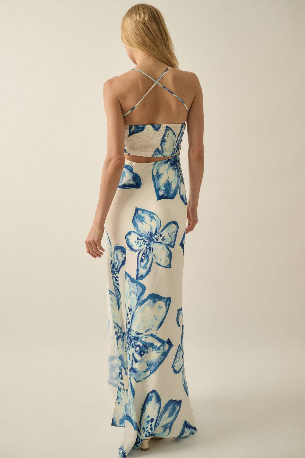 Tropical Floral-Print Satin Halter Cowl-Neck Maxi Dress