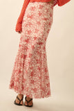 Floral-Print Mesh Godet Pleated Mermaid Maxi Skirt