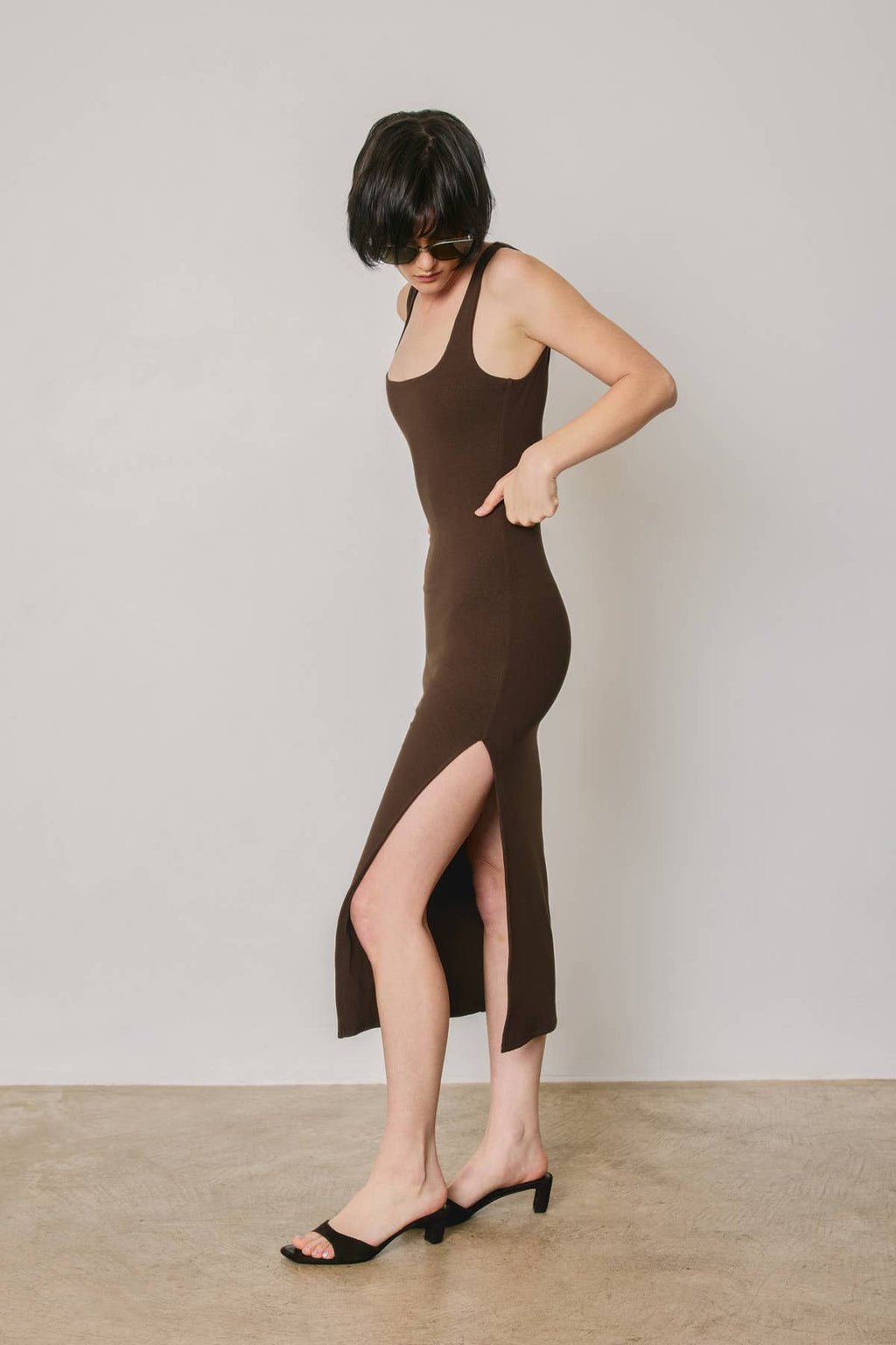 Ribbed Knit Square Neck Bodycon Midi Dress