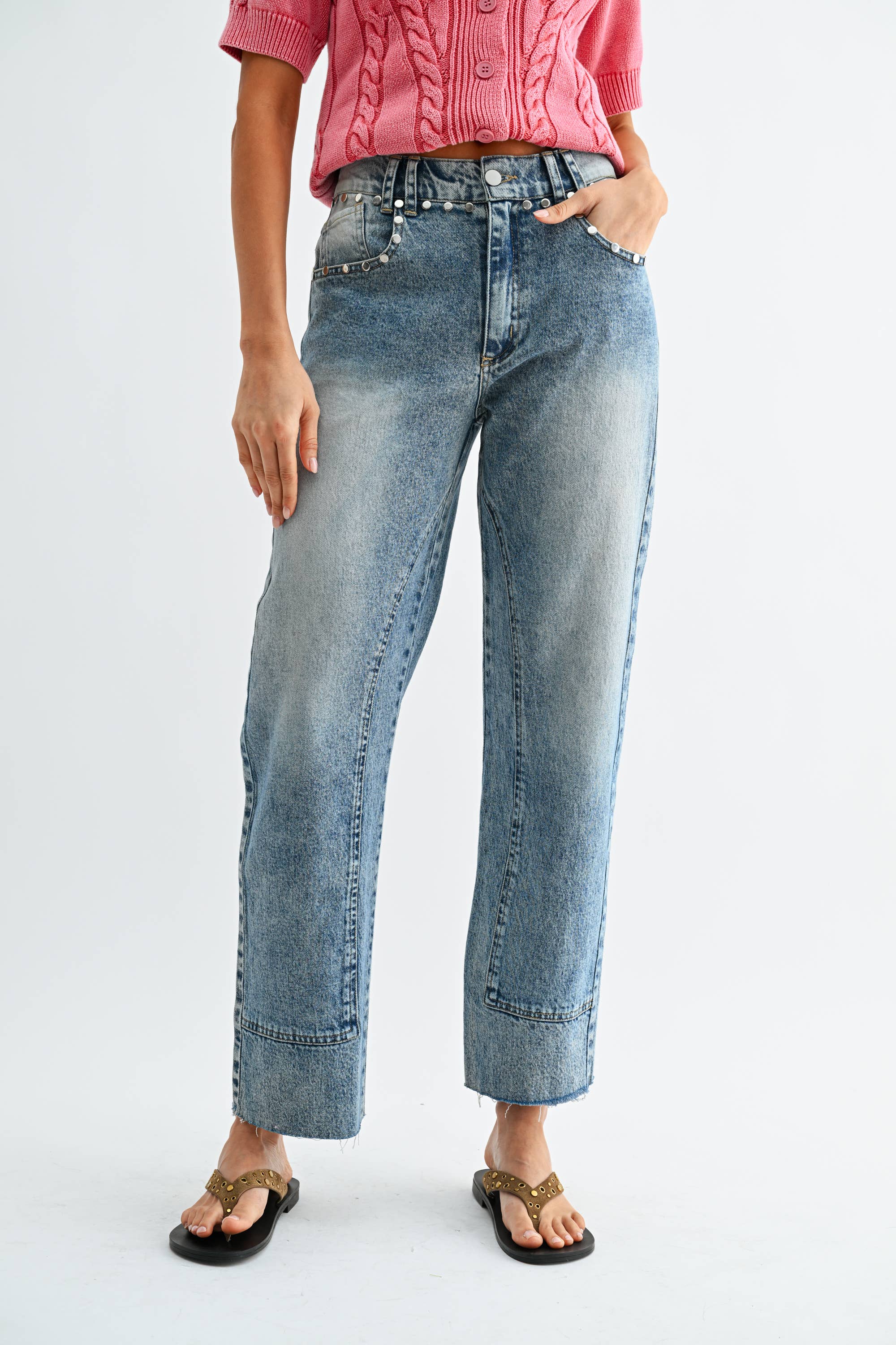 Studded High-Waist Straight-Leg Jeans