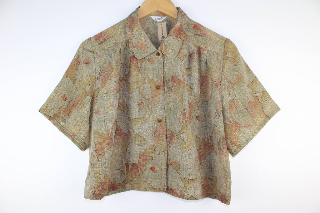 Reworked Vintage Short-Sleeve Button Up Blouse - Cropped