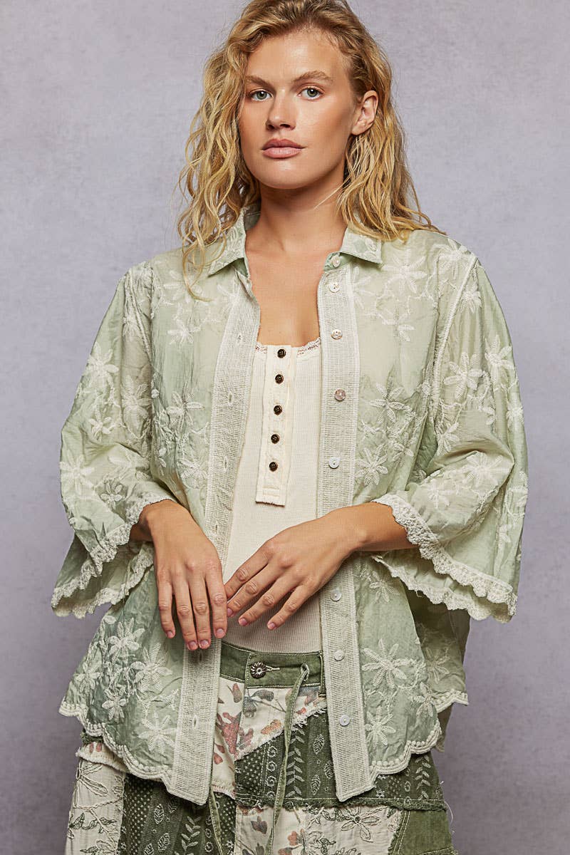 Scalloped Edges Embroidered Floral Half Sleeve Shirt