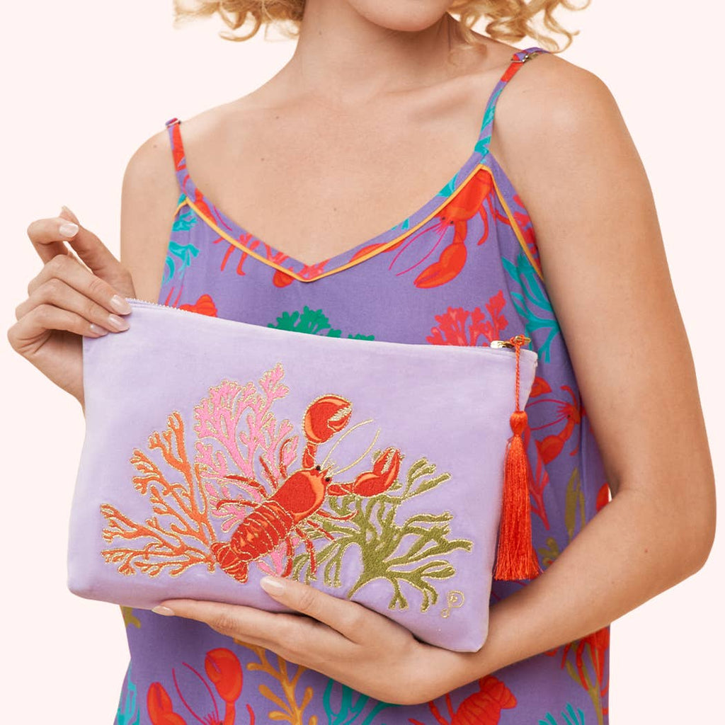 Velvet Embroidered Zip Pouch - Lobster Buddies, Lavender