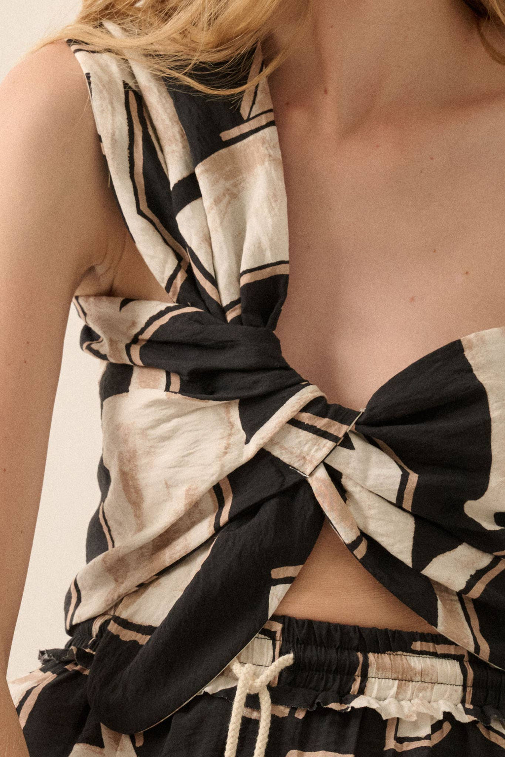 Abstract-Print One-Shoulder Bandeau Top