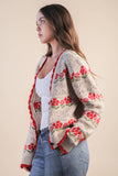 12W3524N-Floral Graphic Detail Knit Sweater Cardigan