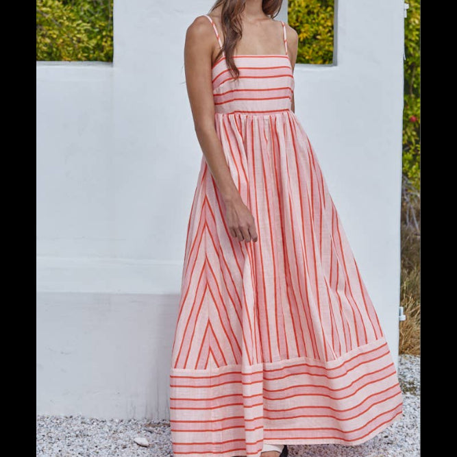 Woven Cotton Striped Tube Neck Midi Dress