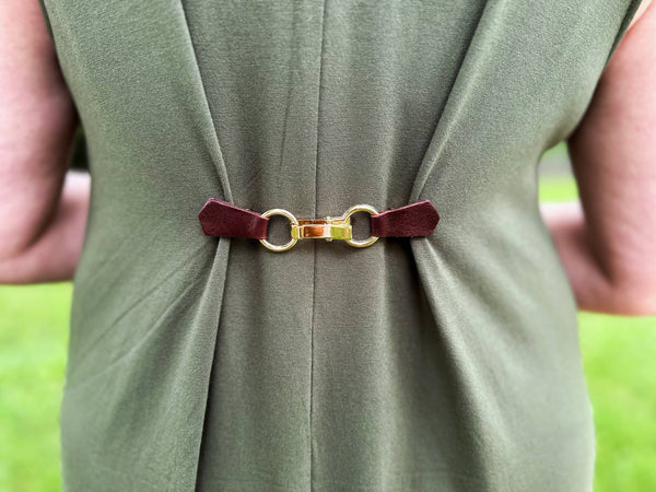 Gold Buckle & Brown Leather Cinch Clip for Dress, Cardigan