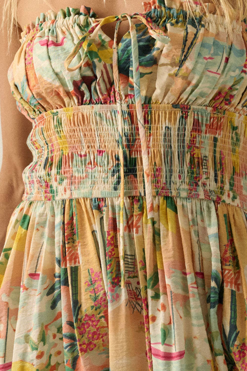 Tropical Landscape-Print Strapless Gathered Maxi Dress