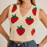 V-Neck Strawberry Pattern Crop Sweater Vest