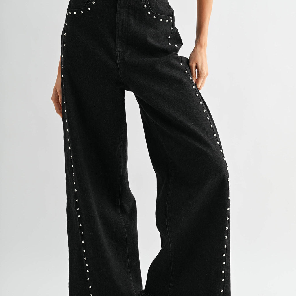 High-Waisted Black Wide-Leg Denim Stud Pants