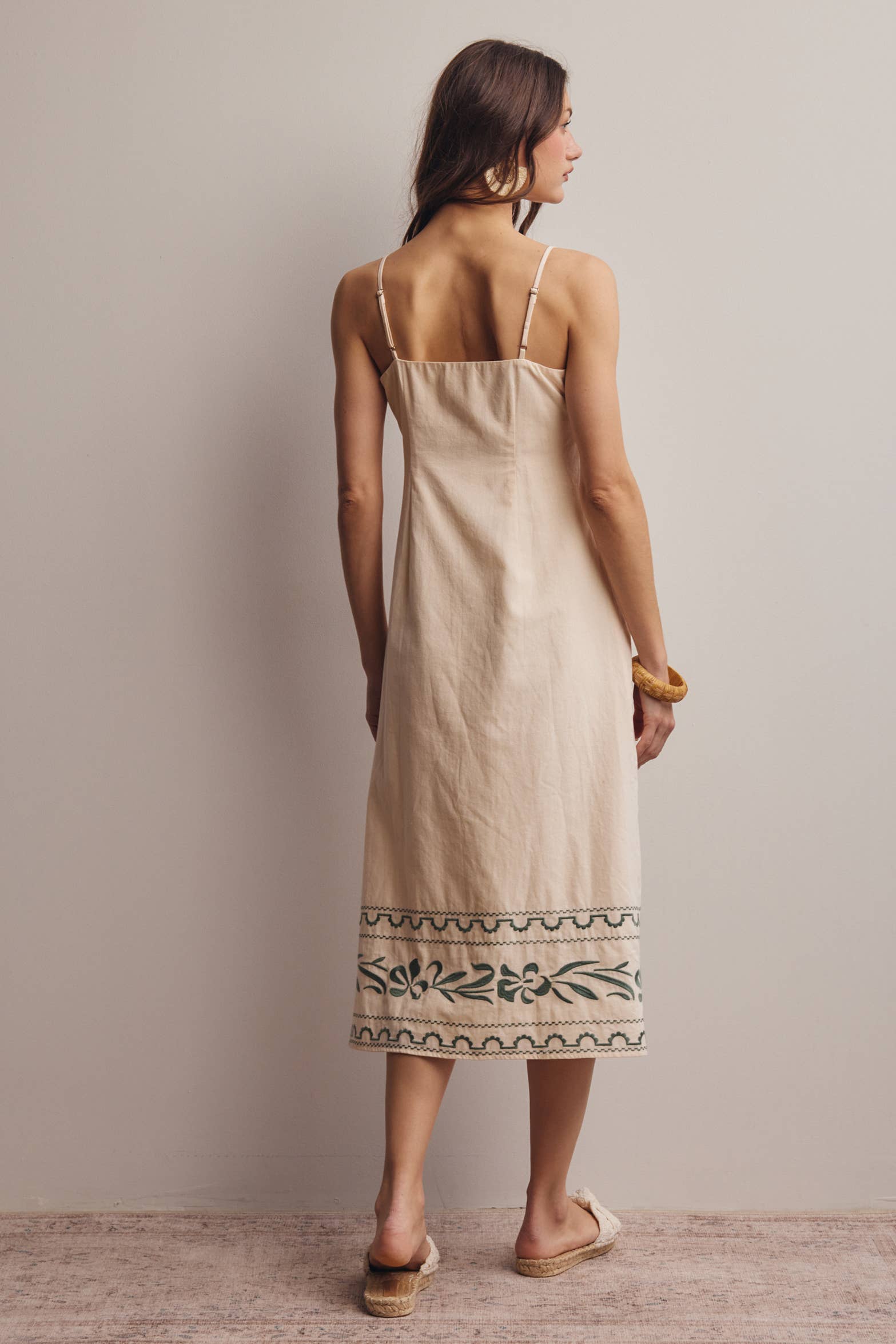 Embroidered Straight-Neck Cotton Midi Dress