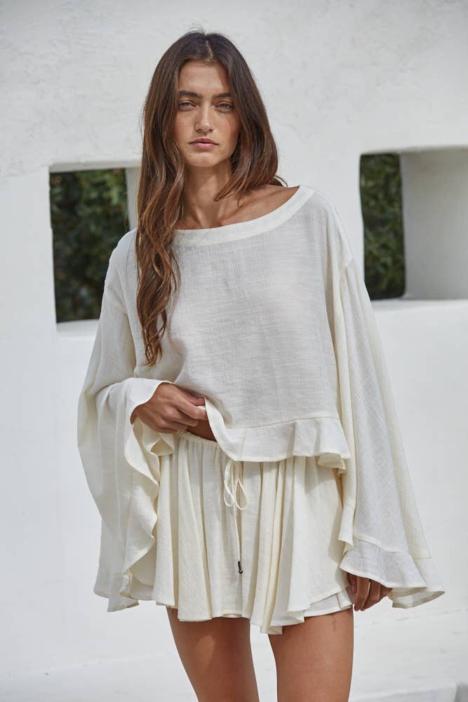 Woven Rayon Nylon Round Neck Long Sleeve Top