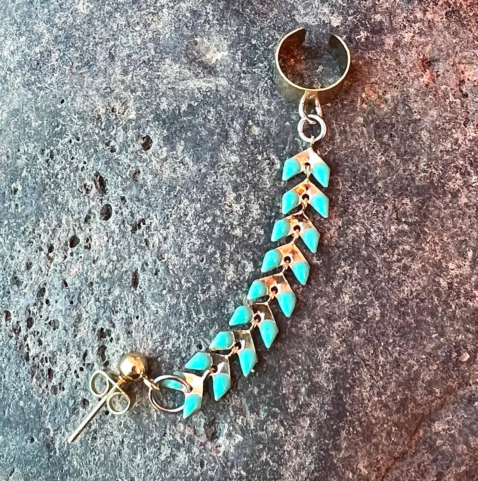 Gold Turquoise Blue Chain Ear Cuff