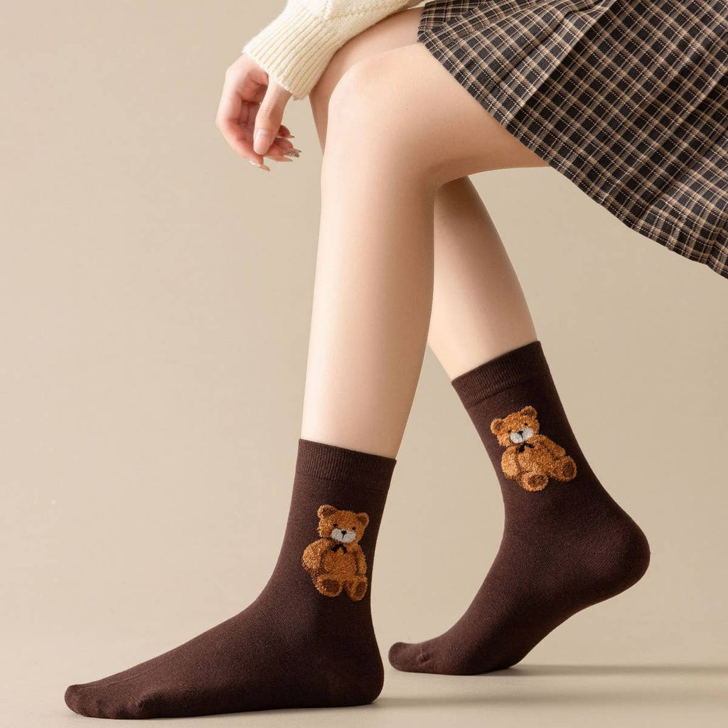 Cute Simple Brown Bear Pattern Crew Socks_CWMS0950: White / (OS) 3