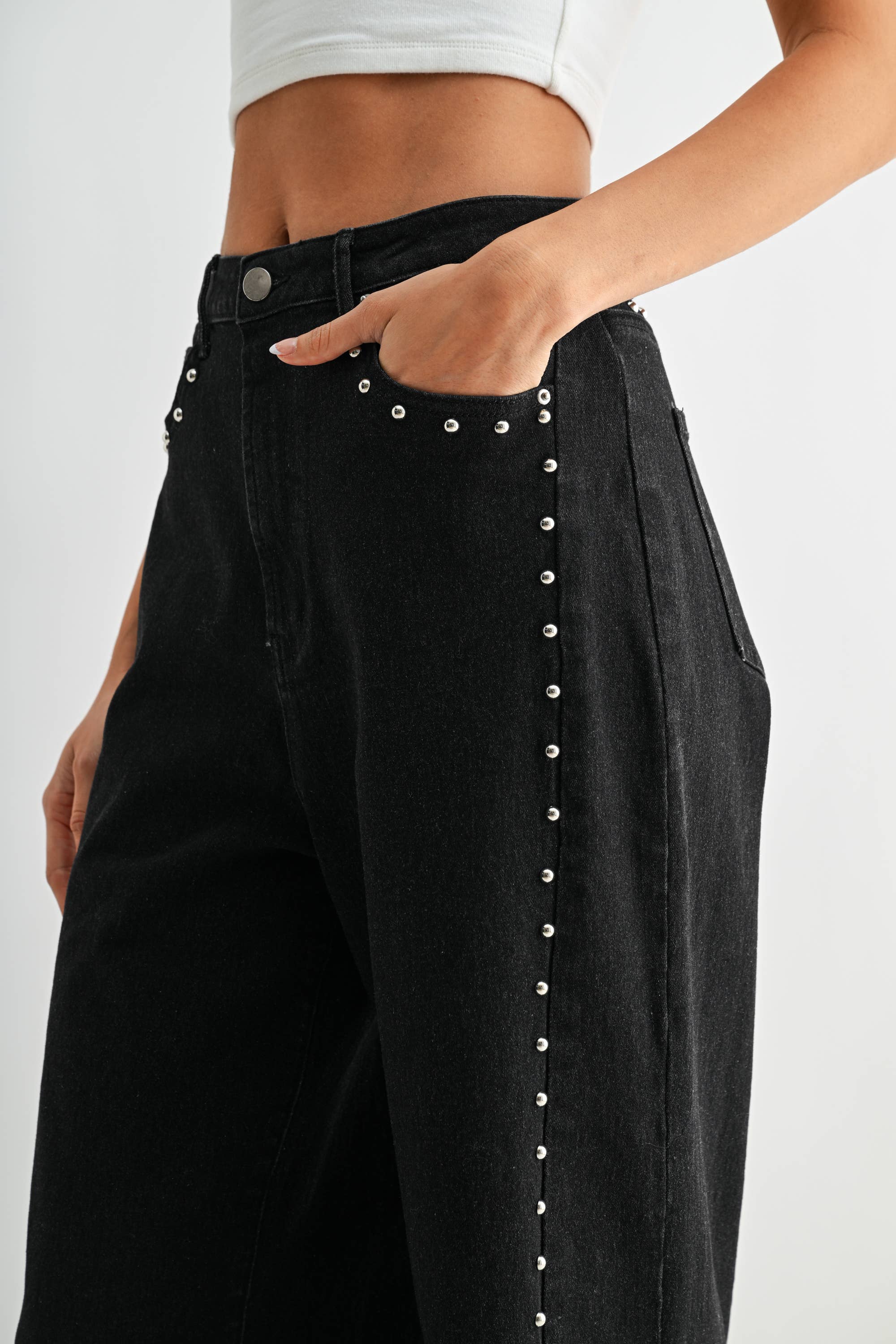 High-Waisted Black Wide-Leg Denim Stud Pants