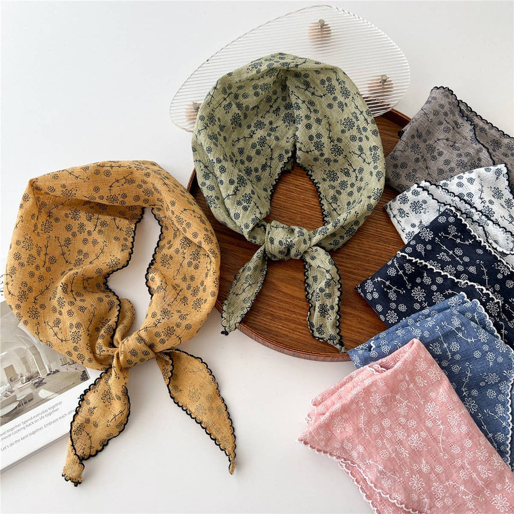 Lace Trim Cotton Linen Floral Triangle Scarf_CWASC0850