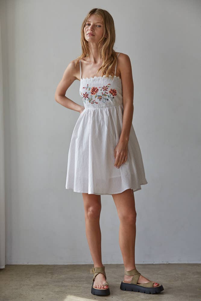 Woven Cotton Striped Cross Stitch Detail Bubble Mini