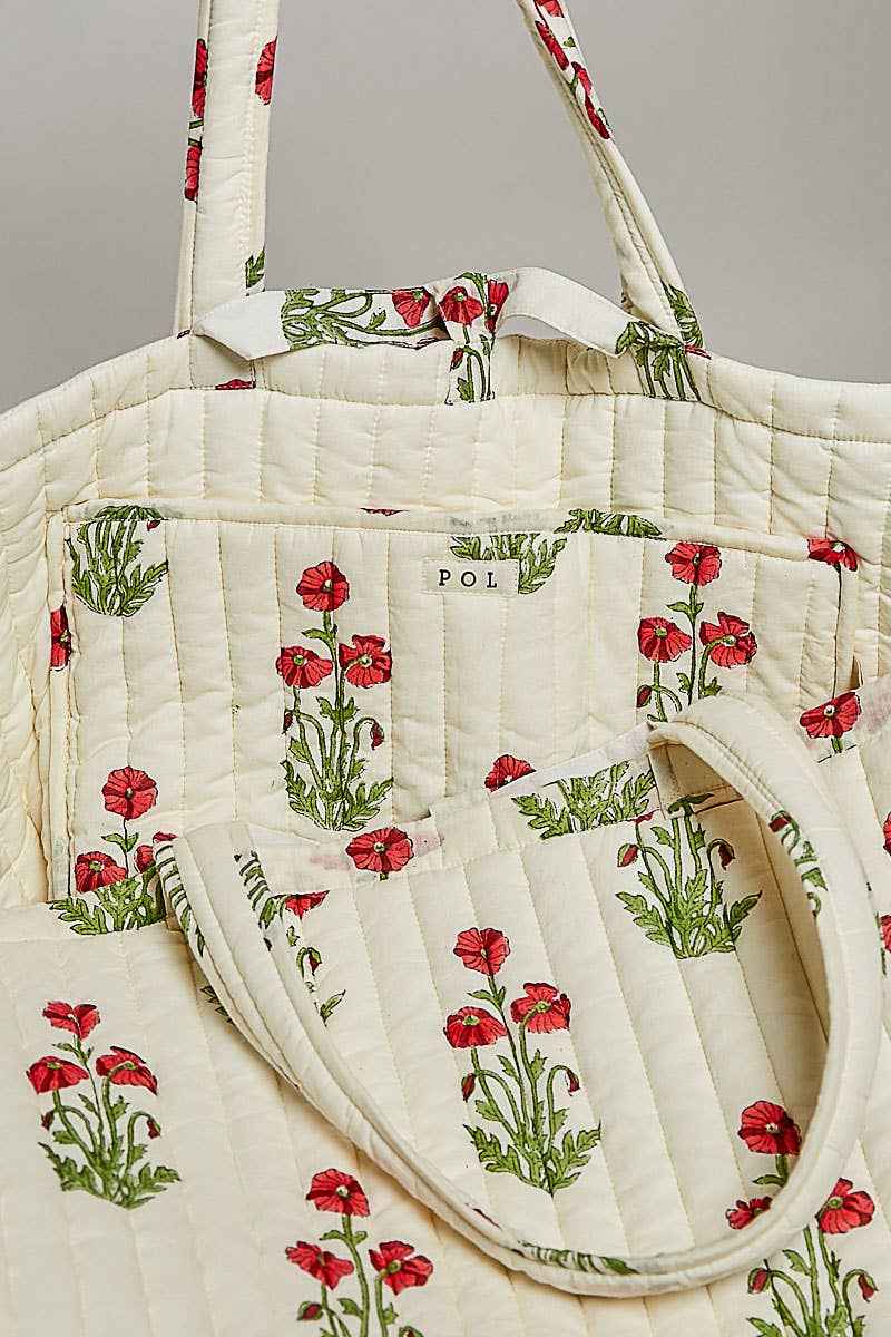 Ribbon-Tie Quilted Floral Jumbo Tote Bag