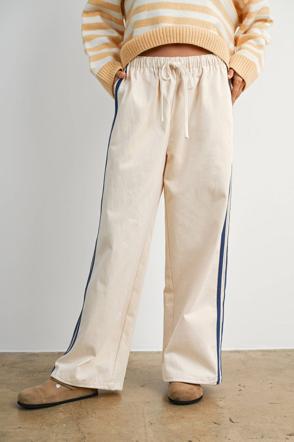 Striped Wide-Leg Drawstring Track Pants
