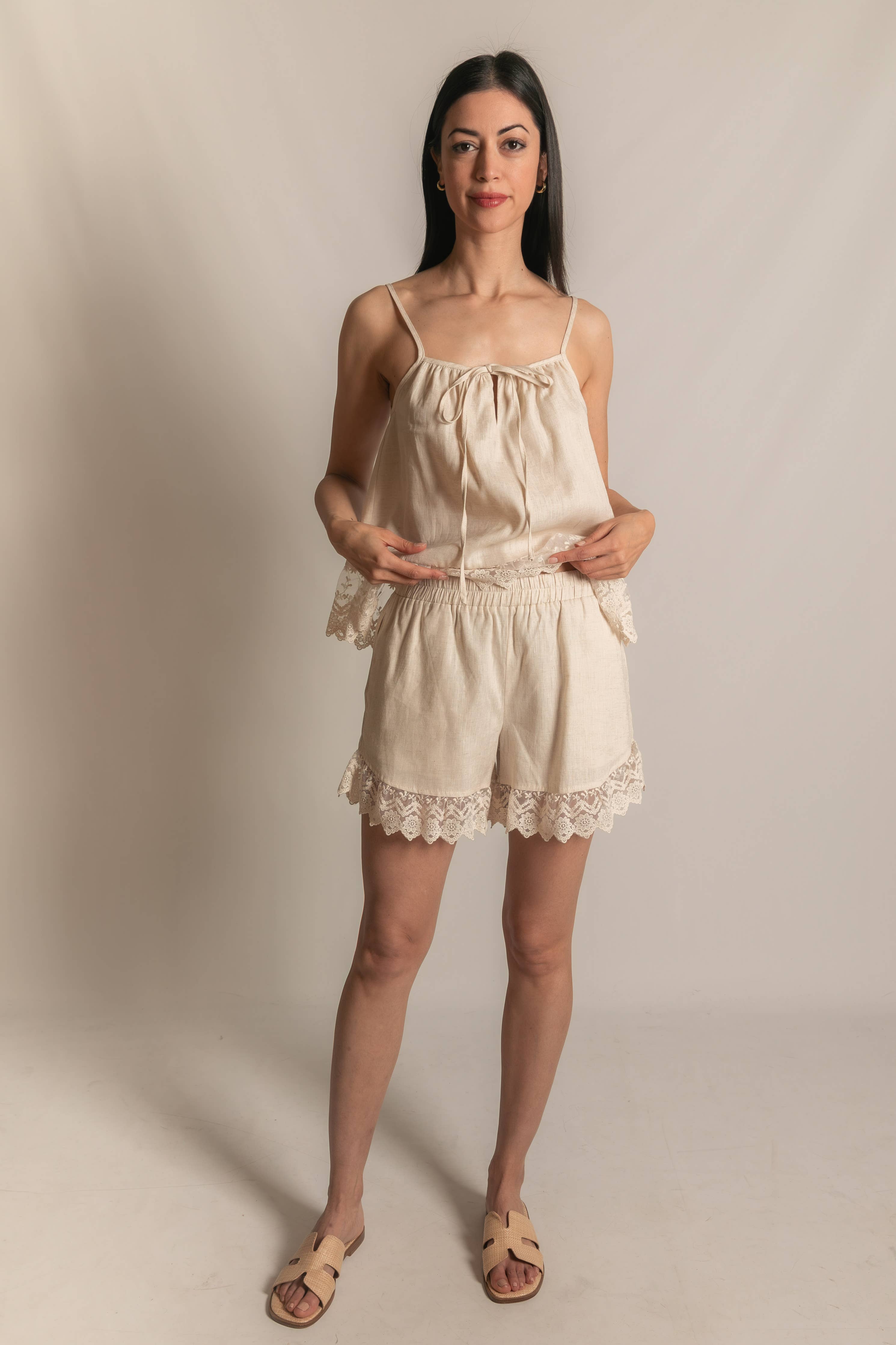 P.CILL Linen Shorts with Lace Contrast