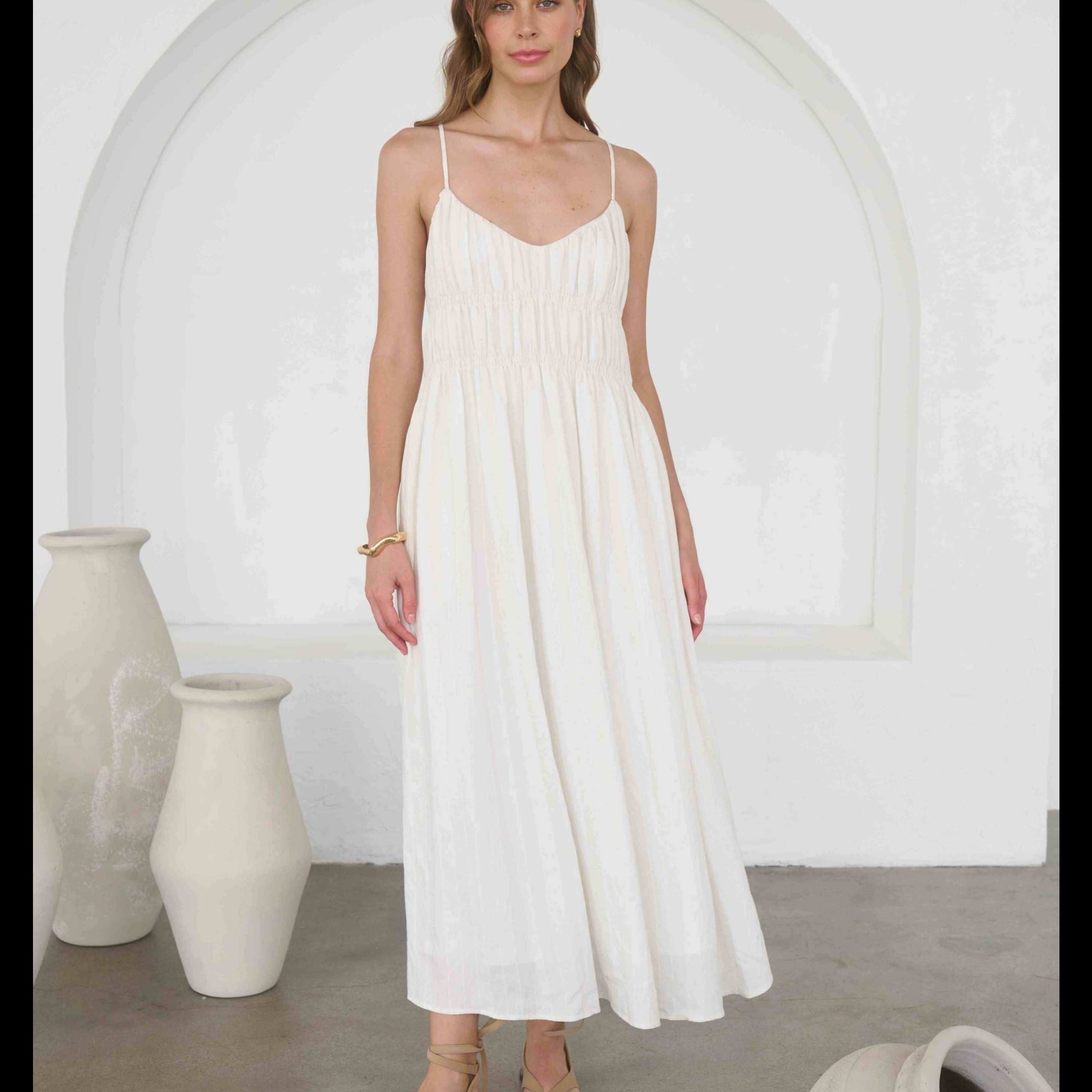 V-Neck Shirred Midi Sundress