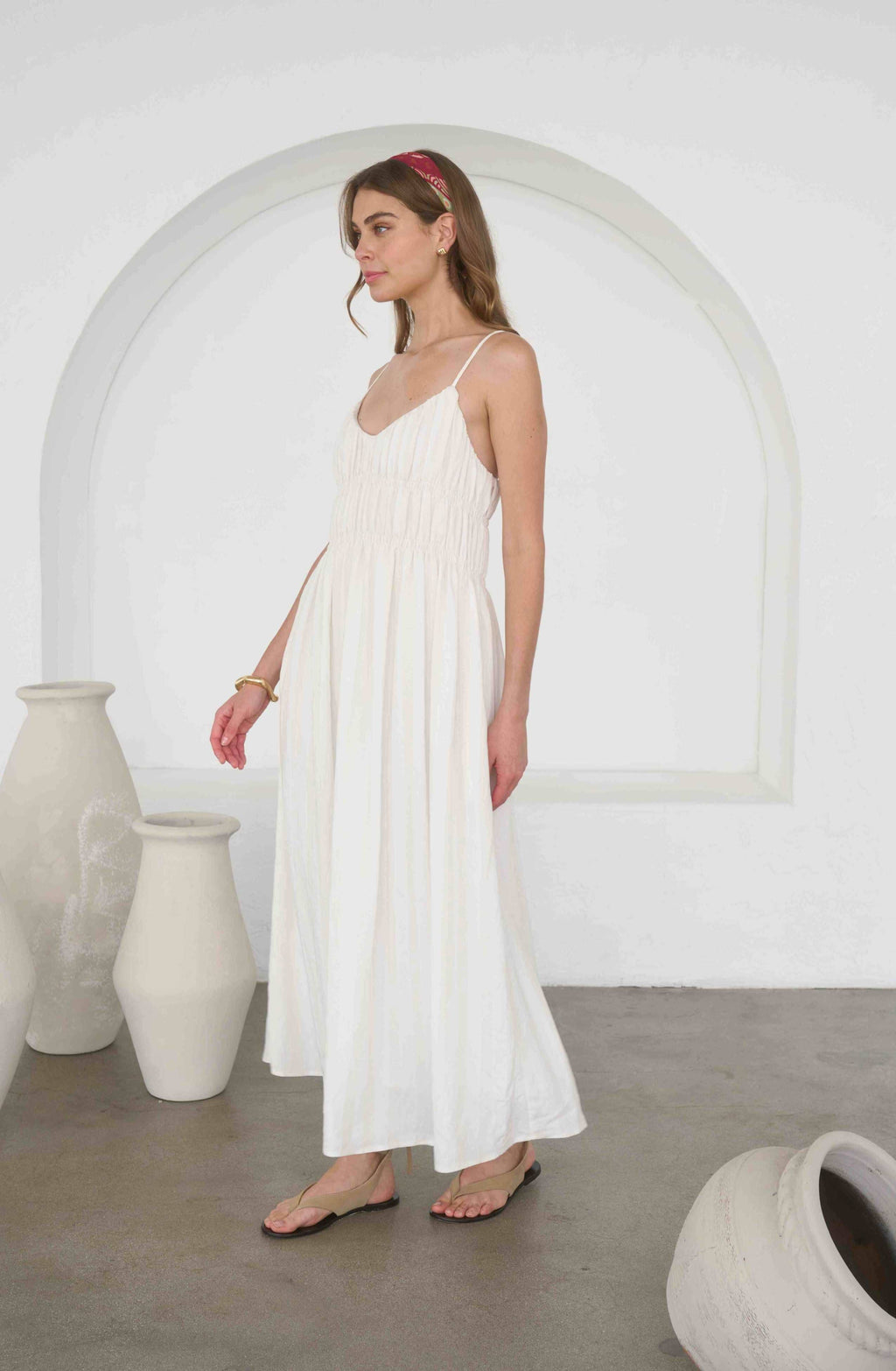 V-Neck Shirred Midi Sundress