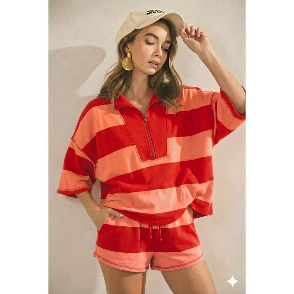 Vintage Striped Top With Front Zip Shorts Set