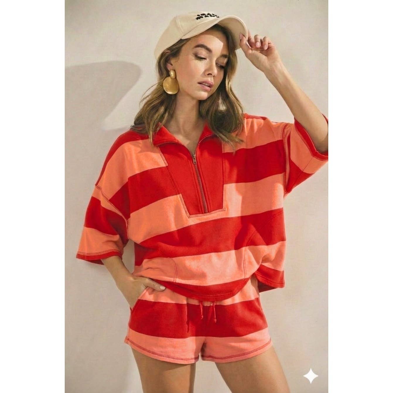 Vintage Striped Top With Front Zip Shorts Set