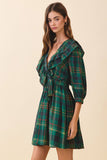 Plaid Deep V Neck Ruffle Trim Detail Wrap Dress