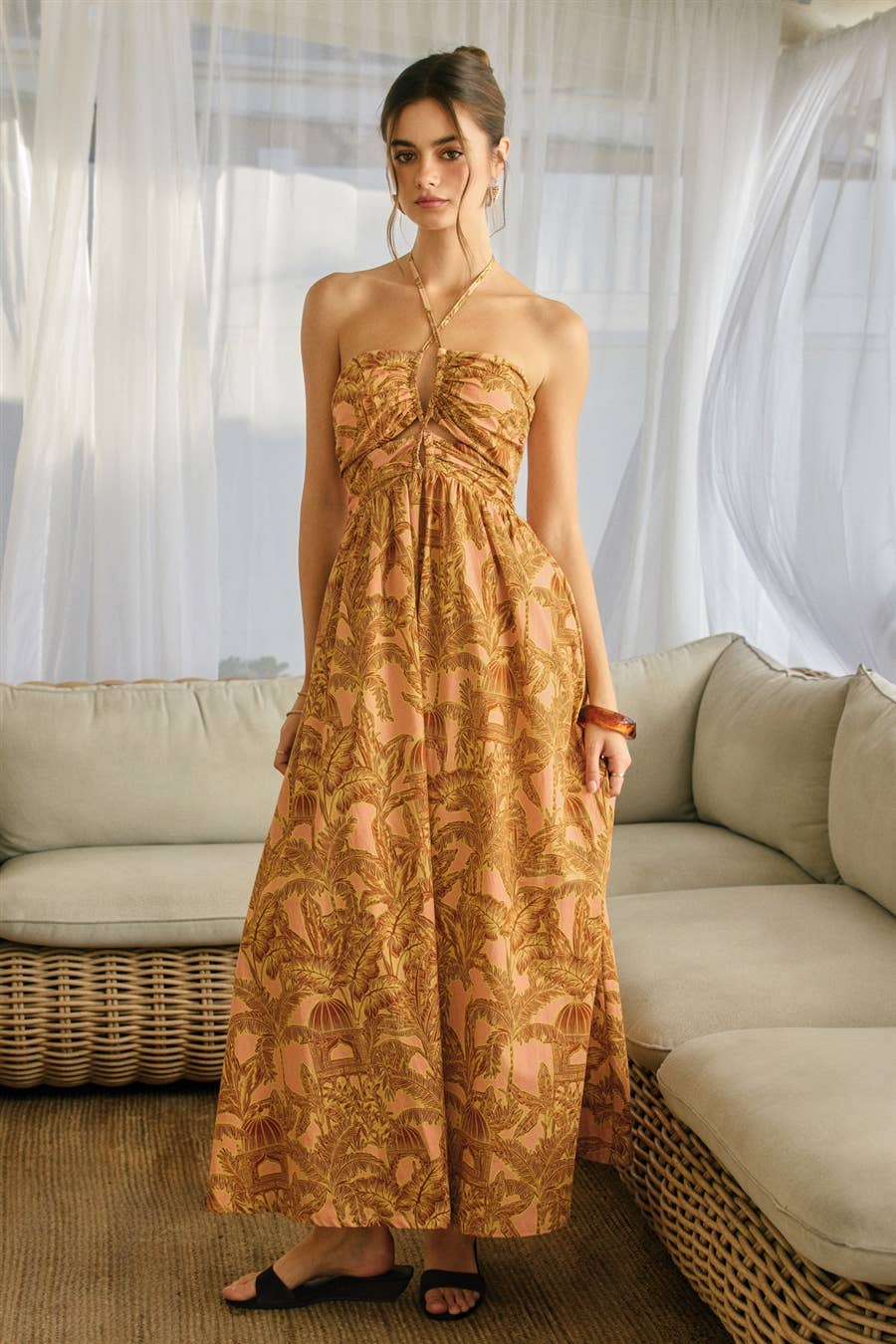 Sunwashed Palm Cut Out Halter Maxi Dress