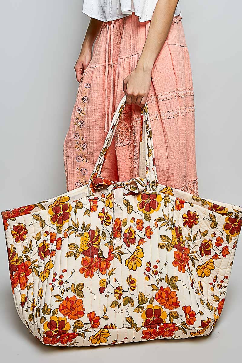 Ribbon-Tie Quilted Floral Jumbo Tote Bag