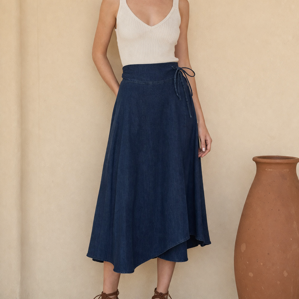 DENIM ASYMMETRIC WRAP MIDI SKIRT