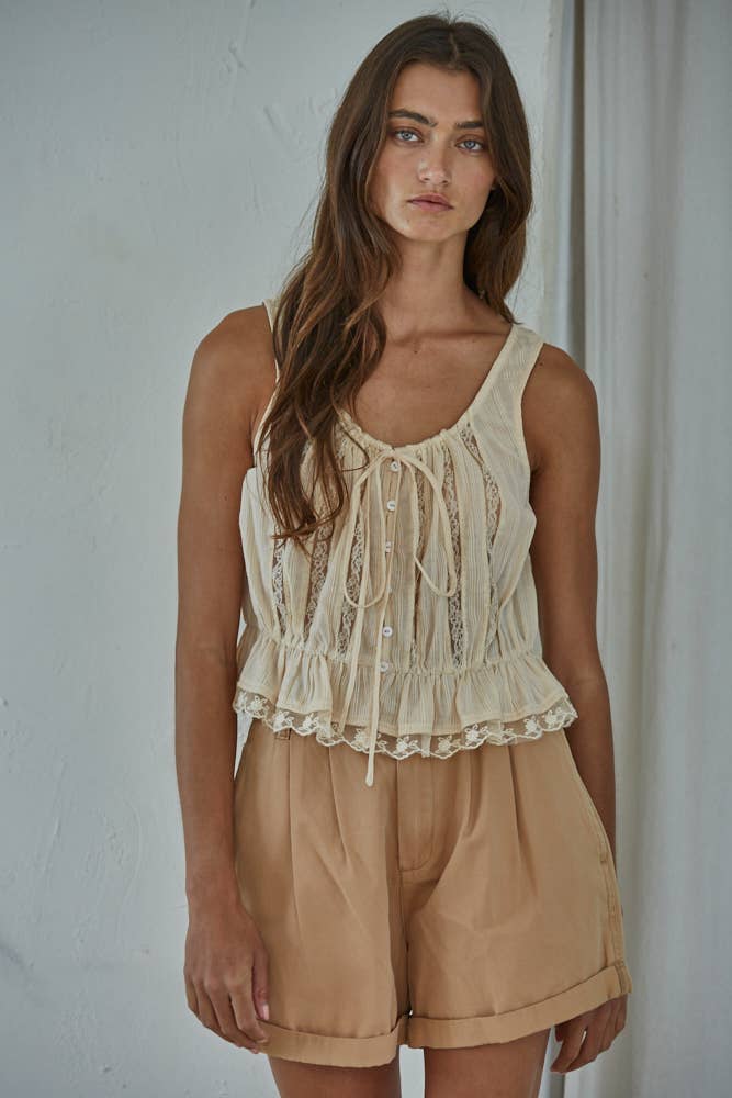 Woven Cotton Sleeveless Lace Trim Button Up Top