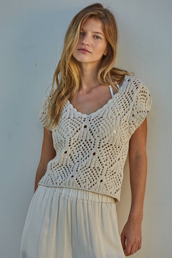 Crochet Cotton V-Neck Sweater Top
