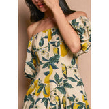 Lemon Print Off-the-Shoulder Puff Sleeve Midi Dress